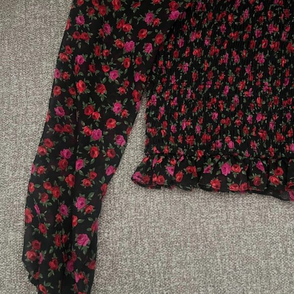 Art Class Black Red Floral Print Smocked Sheer Long Sleeve Top Size Large 10-12 - Picture 7 of 8